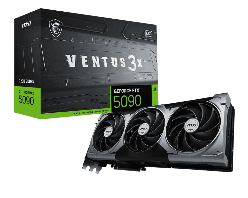 MSI MSI GeForce RTX 5090 VENTUS 3X OC Graphics Card, 32GB GDDR7 512-bit Memory, 21760 CUDA Cores, 2437 MHz Engine Clock, 28 Gbps Memory Speed, PCI E 5.0, 1x HDMI, 3x DP, Black | 912-V530-060 - thumbnail 1