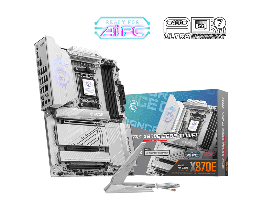 MSI MSI MPG X870E EDGE TI WIFI AM5 ATX Motherboard, AMD X870E Chipset, 4x DDR5 UDIMM Memory, Up to 256GB Max Memory, 3x PCI-E x16 Slot, 4x M.2 Slots, Wi-Fi & BT Connectivty, White | 911-7ES9-001 - thumbnail 1