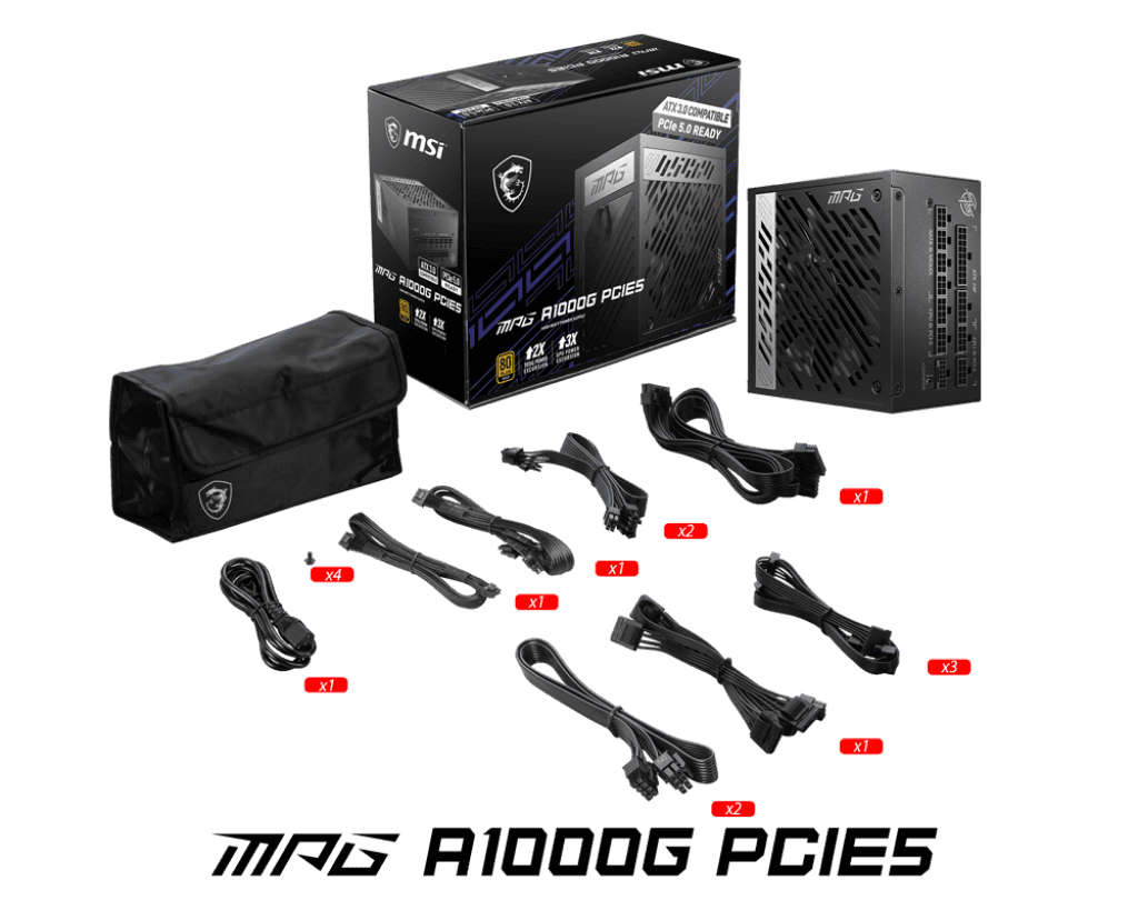 MSI  MSI MPG A1000G PCIE5 1000W Power Supply, Full Modular Design, 80 Plus Gold Certified, 135mm Active PFC Fan, Compliant with PCIe 5.0, 100% All Japanese 105??C Capacitor, Black | 306-7ZP7C18-ECP - thumbnail 5