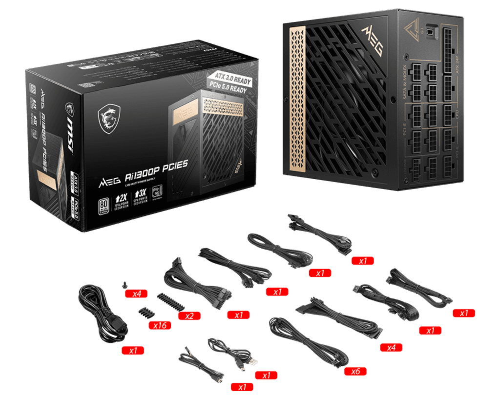 MSI MSI MEG Ai1300P PCIE5 1300W Power Supply (PSU), ATX 3.1 PCIe 5.1, Native 16-Pin, 80 PLUS Platinum | 306-7ZP4A18-CE0 - thumbnail 5
