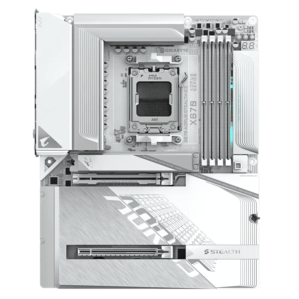 GIGABYTE X870 AORUS Stealth ICE AMD AM5 Motherboard, ATX, DDR5, 4X M.2, PCIe 5.0, 2xUSB-4,USB-C, WIFI7, 5GbE LAN, EZ-Latch thumbnail 2
