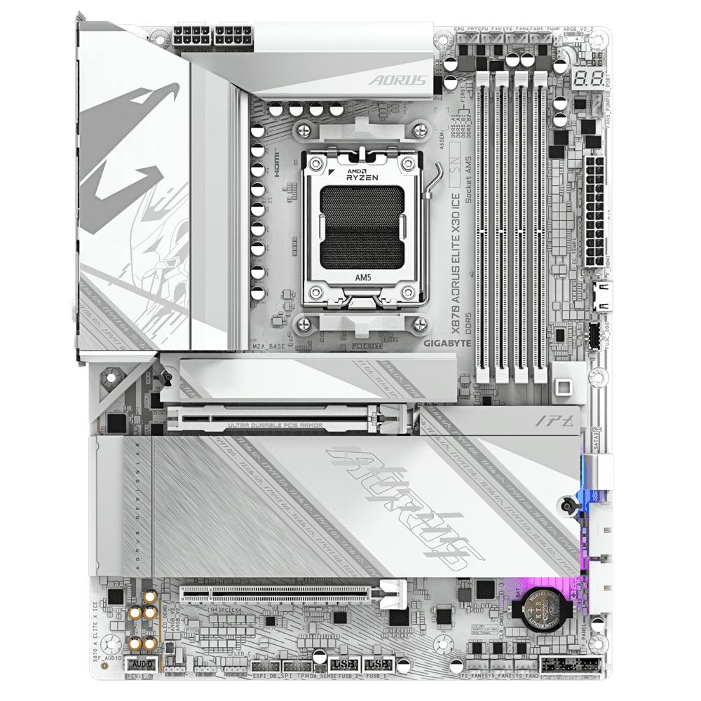 Gigabyte GIGABYTE X870 AORUS ELITE X3D ICE AM5 ATX Motherboard, AMD X870 Chipset, 4x DDR5 DIMM Slot, 256GB Max Memory, 4x M.2 Slots, 1x PCIe 5.0 x16, White | 9MX87ETXE-00-G10 - thumbnail 2