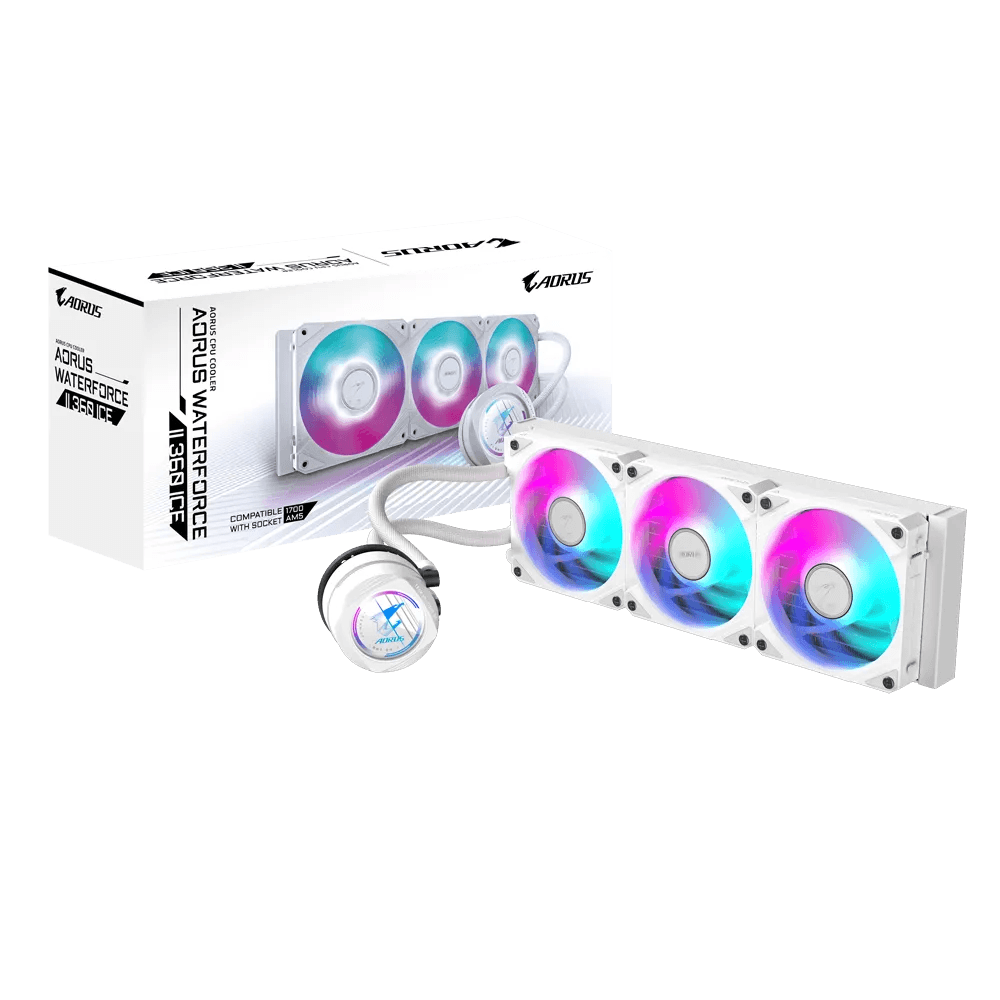 Gigabyte GIGABYTE AORUS WATERFORCE II 360 ICE, AIO Liquid Cooler With ARGB Fans, 360mm, Rotatable Water Block, Intel 115x,1200,1700 AMD AM5, AM4, White | AORUS-WATERFORCE-II-360I - thumbnail 1