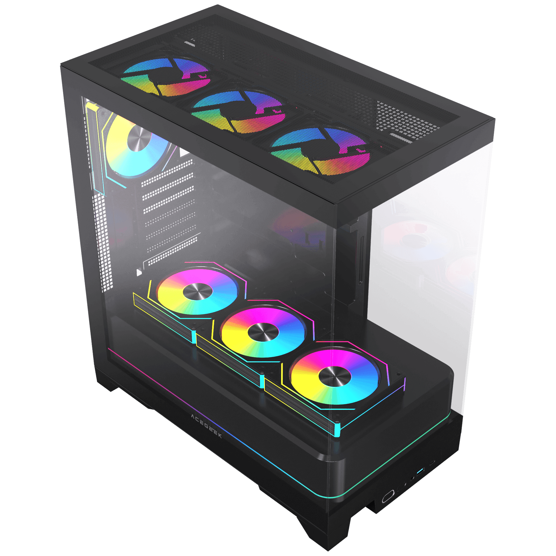 ACEGEEK Acegeek RGB Midtower Black Gaming Case, 7x Pre-installed RGB Fans, 3 Sided View, E-ATX/ATX/M-ATX/ITX Motherboard Support, 360mm AIO Radiator Support,  420mm Max GPU - thumbnail 3