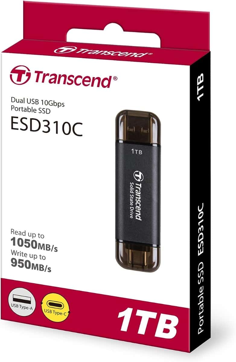 Transcend Transcend ESD310C Portable SSD, 3D NAND Flash, 1 TB Capacity, Up to 1050 MB/s Read Speed & 950 MB/s Write Speed, 10Gbps Connection Interface, Black | ESD310C - thumbnail 1