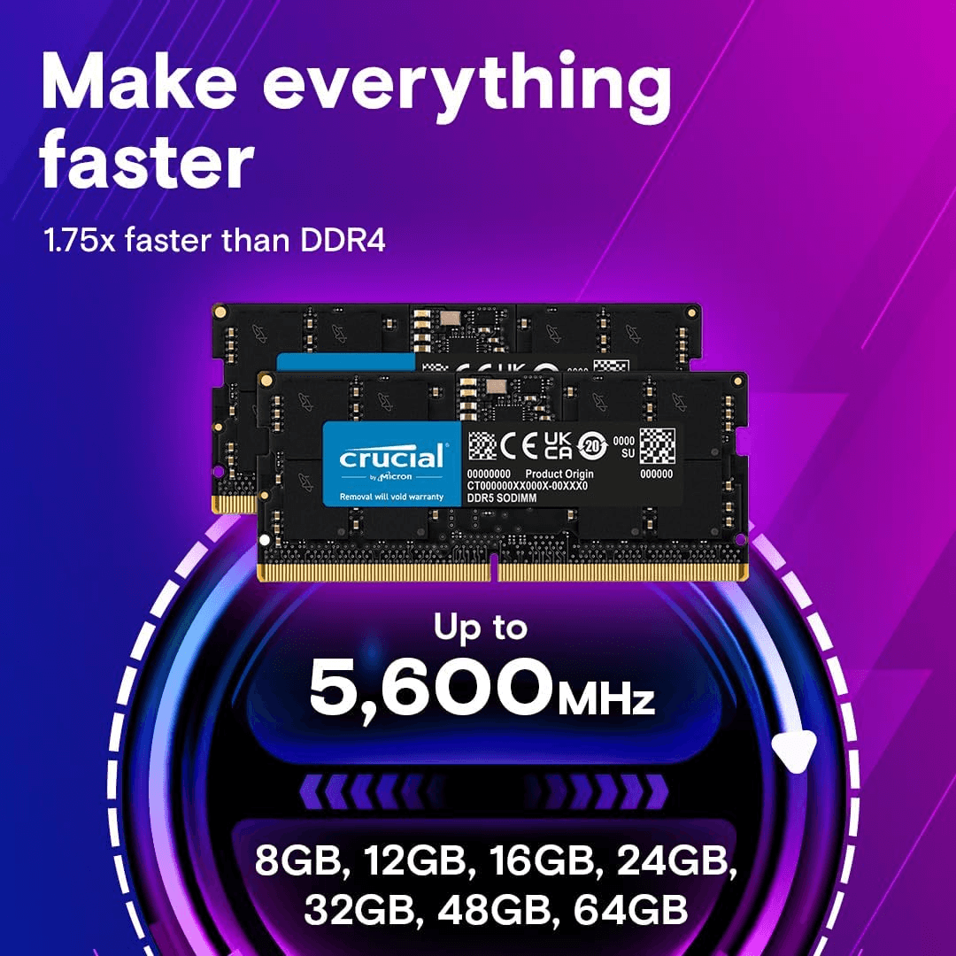 Crucial 32GB DDR5-5600 MHz SODIMM Laptop Memory, CL46 CAS Latency, 46-45-45 Extended Timings, 1.1V Operating Voltage, Unbuffered, 262 Pin, Black | CT32G56C46S5 thumbnail 1