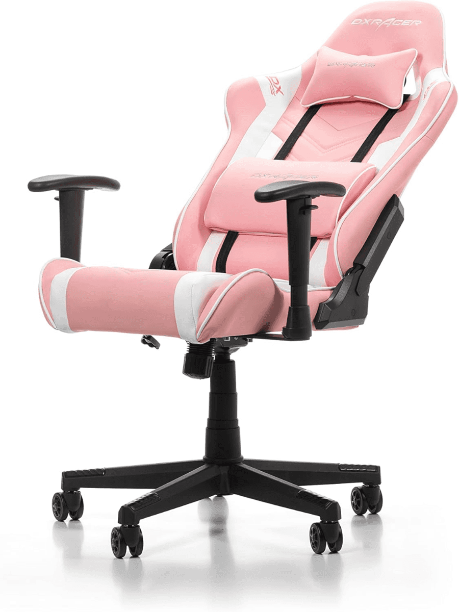 DXRacer Prince P132 Gaming Chair, Premium PVC Leather Racing Style Office Computer Seat Recliner with Ergonomic Headrest and Lumbar Support, Standard, Pink and White large size - thumbnail 2