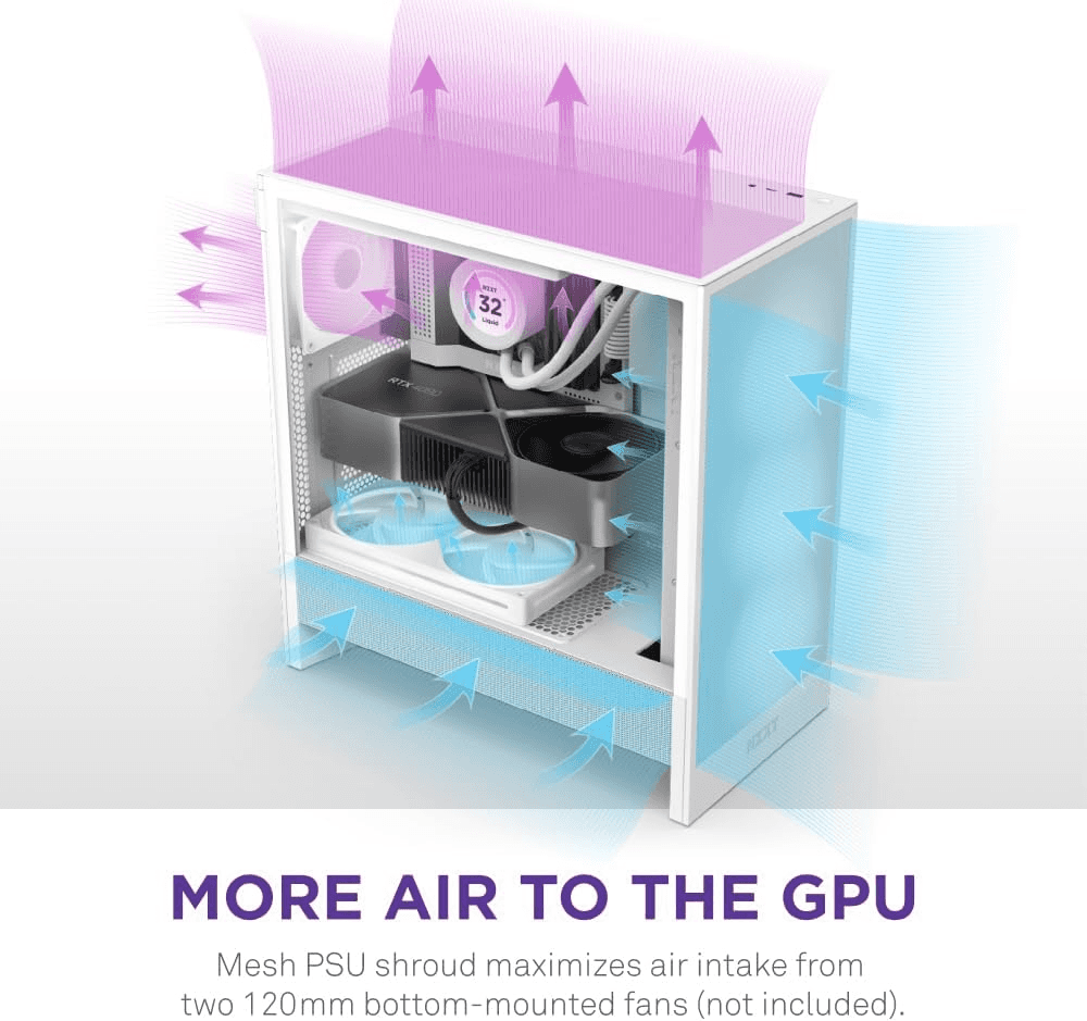 NZXT NZXT H5 Flow 2024 - Compact ATX Mid-Tower PC Gaming Case - High Airflow - 2 x 120mm Fans Included - 360mm Front & 240mm Top Radiator Support - Cable Management System - Tempered Glass - White | CC-H52FW-01 - thumbnail 6