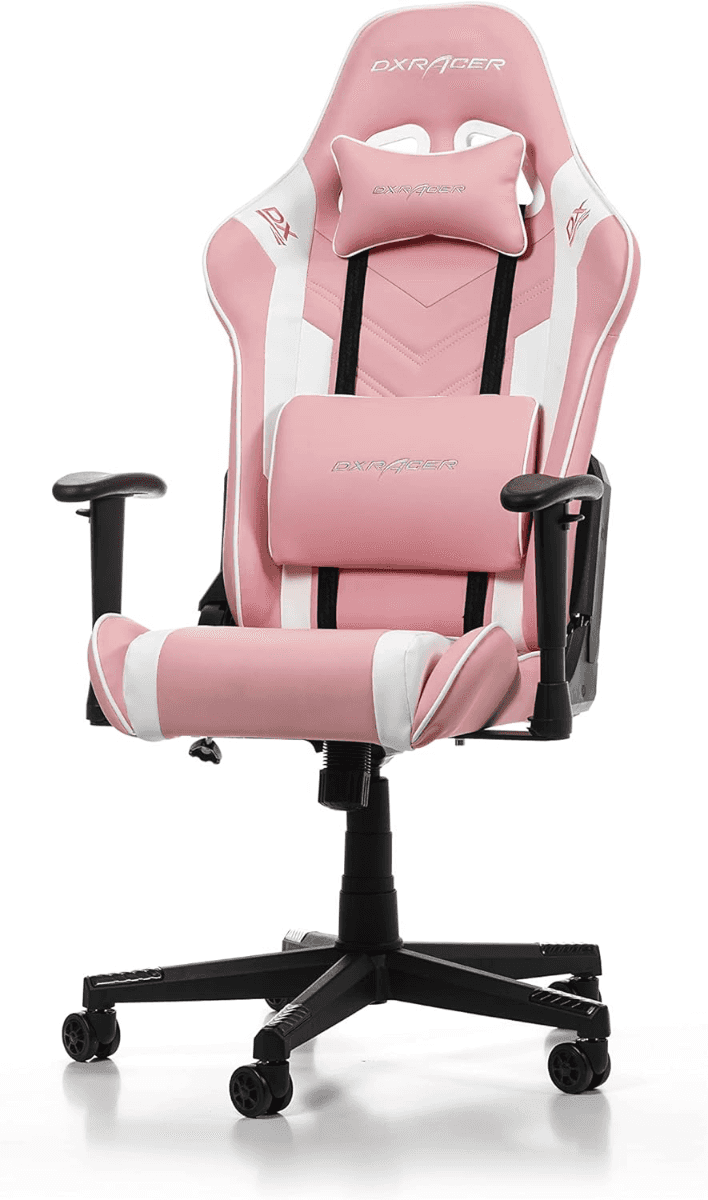 DXRacer Prince P132 Gaming Chair, Premium PVC Leather Racing Style Office Computer Seat Recliner with Ergonomic Headrest and Lumbar Support, Standard, Pink and White large size - thumbnail 1