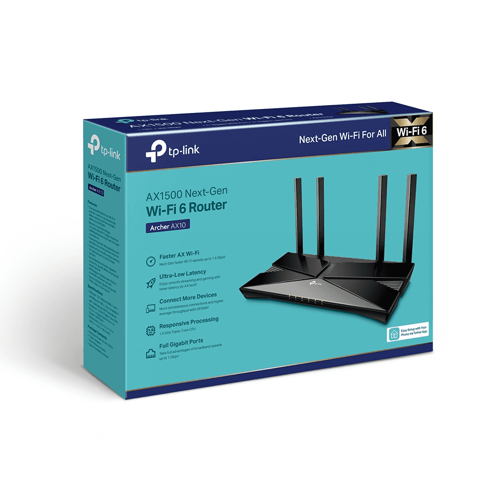 TP-Link WiFi 6 AX1500 Smart Router, Wi-Fi 6 (802.11ax), Up to 1501 Mb/s WiFi Speed, Dual-Band 2.4 & 5GHz, 4x Fixed High-Performance Antennas, 4x LAN Ports, Black | Archer AX10 thumbnail 2