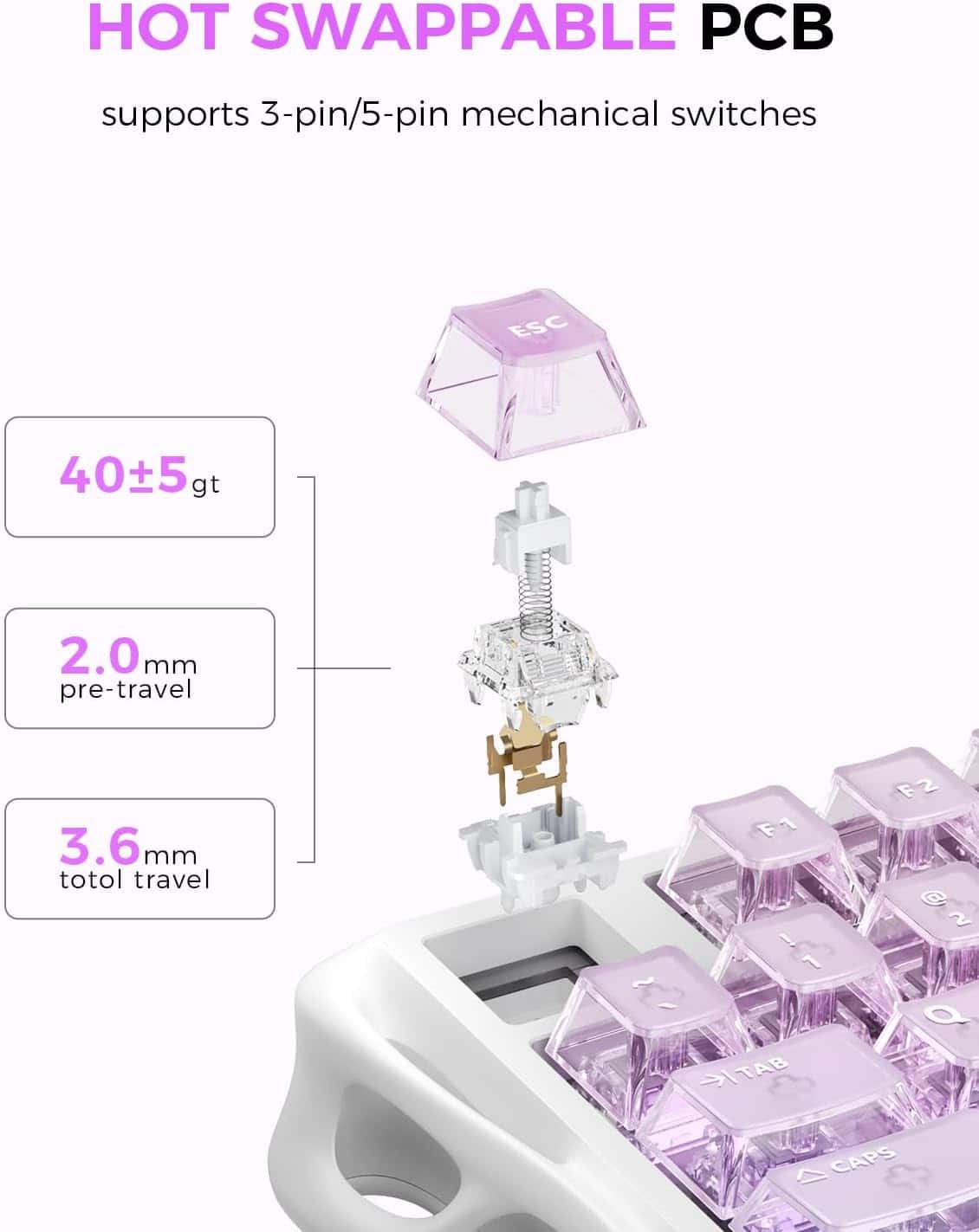 GravaStar Mercury K1 Lite 75% Gaming Keyboard, 80 Keys, Hot-Swappable, RGB Lighting, Full N-Key Rollover, Programmable Keys, Tri-Mode Connectivity, 4000mAh Battery, Crystal Aurora | GS K1 LITE_XTAL_AUROA thumbnail 3