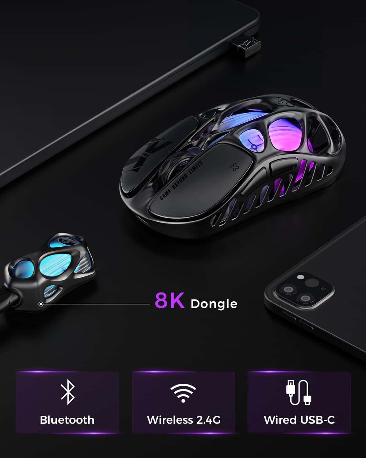 GravaStar Mercury X Pro Wireless Gaming Mouse, Come with 8K Dongle – 32,000 DPI PAW 3950 Sensor, 8,000Hz Polling Rate, Only 49g, Magnesium Alloy Hollow Frame, RGB Lighting, 5 Programmable Buttons thumbnail 3