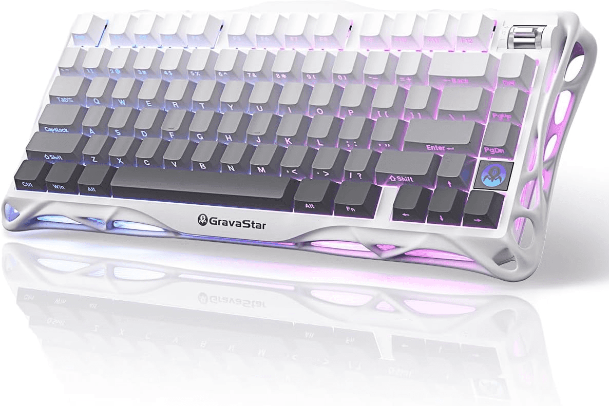 Gravastar Mercury K1 75% Wireless Mechanical Gaming Keyboard, Aluminum Alloy Frame, PBT + PC Keycaps, Gasket-Mounted with Foam, Hot-Swappable Kailh Cherry-Pink Switches, Tri-Mode (USB-C / 2.4 GHz / Bluetooth), 8,000 mAh Battery, Dual RGB + Volume Control Knob, Gradient White thumbnail 1