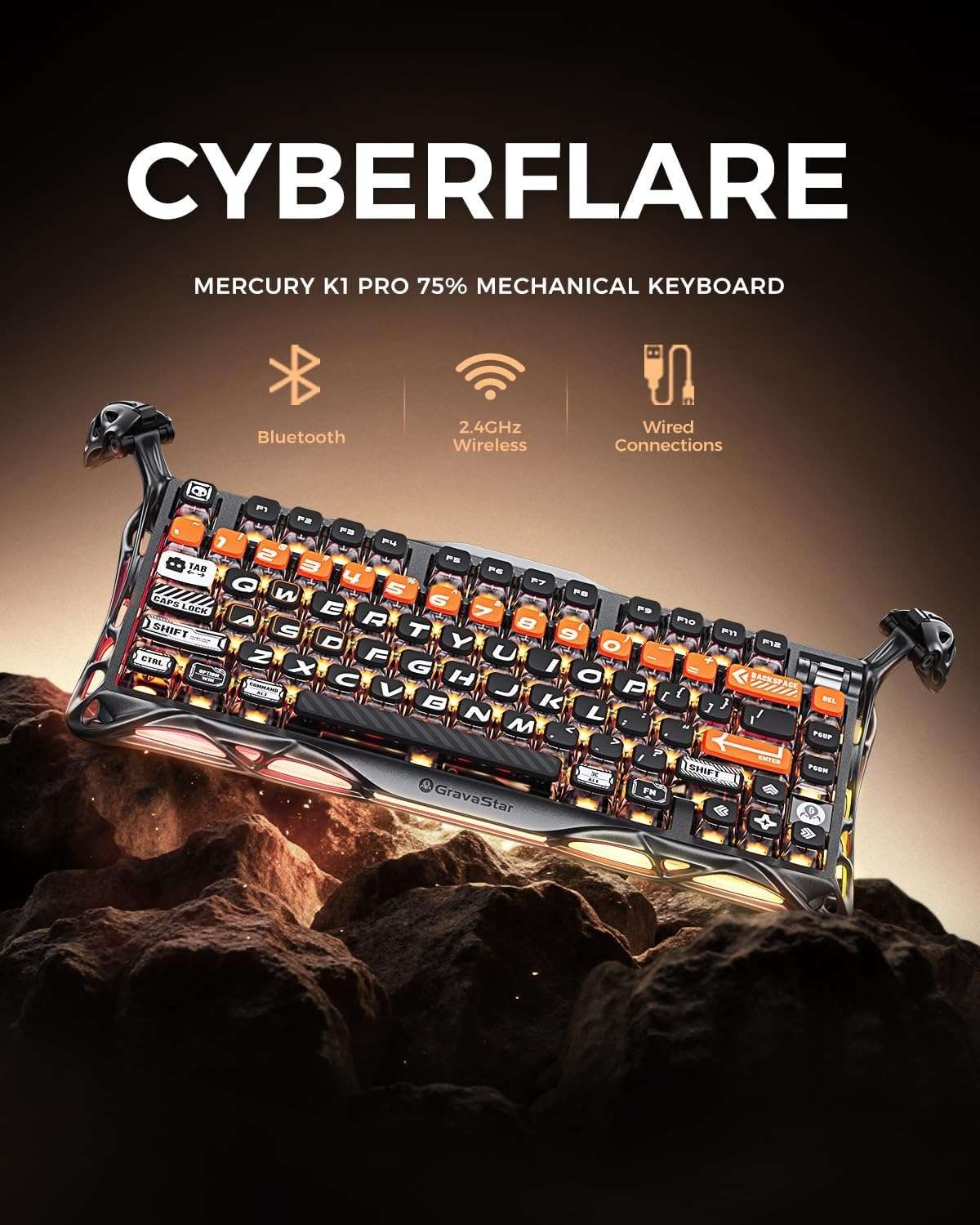 Gravastar GravaStar Mercury K1 Pro Gaming Keyboard, Wireless, Aluminium Alloy, 75% Layout, Custom Mechanical Keyboard, Durable Design with Unique Aesthetics, CyberFlare - thumbnail 8
