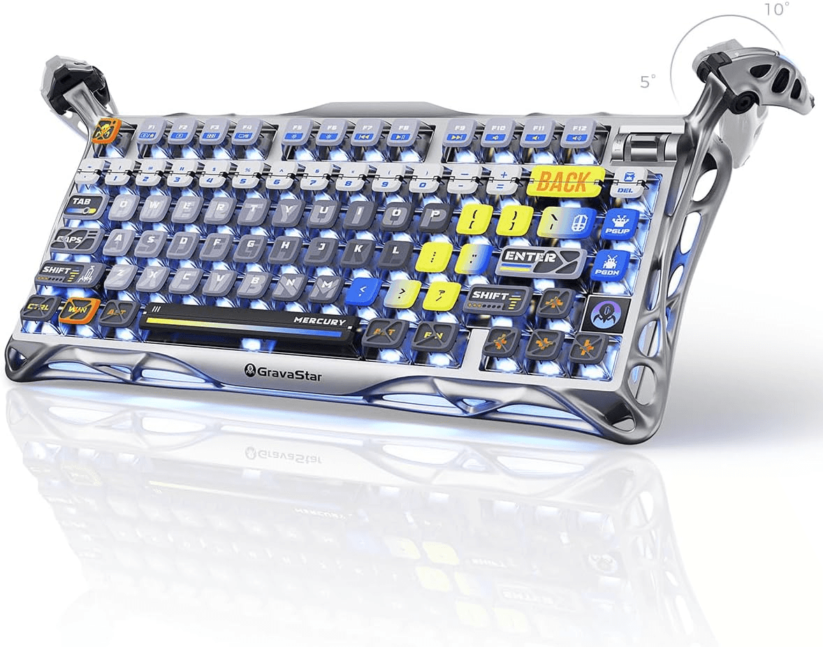 Gravastar GravaStar Mercury K1 Pro Gaming Keyboard, Wireless, Aluminium Alloy, 75% Layout, Custom Mechanical Keyboard, Durable Design with Unique Aesthetics, CyberFlare - Color: Interstellar Silver