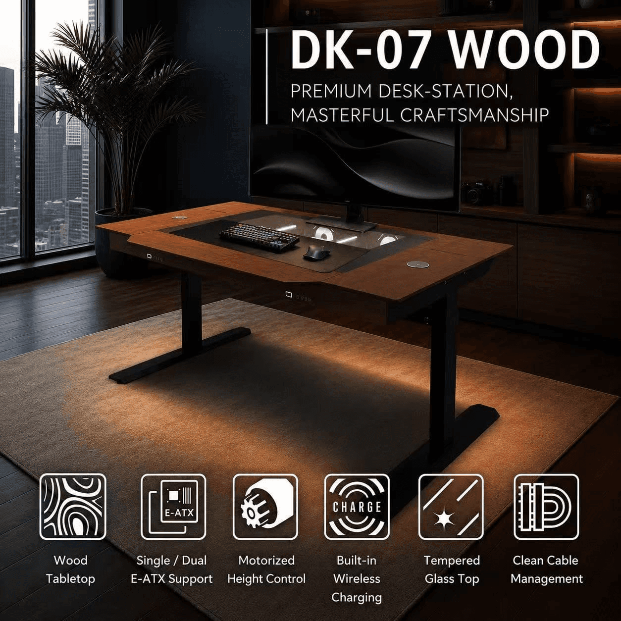 LIAN LI Lian-Li DK07 Motorized Desk Station, 805mm x 1480mm Desk, Adjustable Height, Up to 480mm Radiator & 14x Fan Support, Steel, 6.0mm Tempered Glass, Aluminum Material, Wood | G99.DK07X-WD.10UK - thumbnail 9