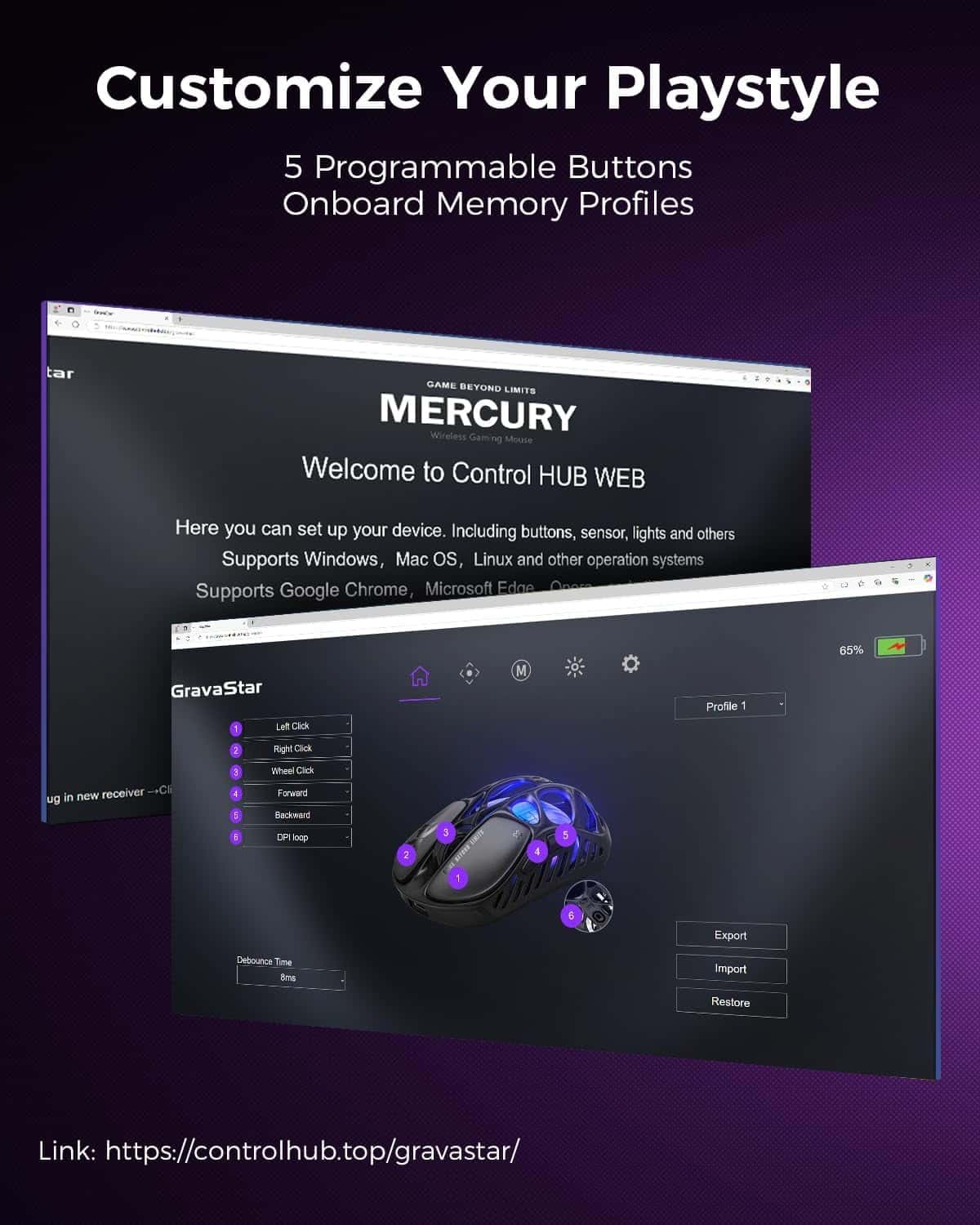 Gravastar GravaStar Mercury X Pro Wireless Gaming Mouse, Come with 8K Dongle – 32,000 DPI PAW 3950 Sensor, 8,000Hz Polling Rate, Only 49g, Magnesium Alloy Hollow Frame, RGB Lighting, 5 Programmable Buttons, Black - thumbnail 5