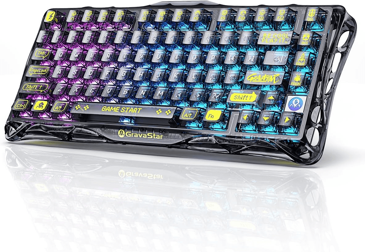 Gravastar GravaStar Mercury K1 Lite 75% Gaming Keyboard, 80 Keys, Hot-Swappable, RGB Lighting, Full N-Key Rollover, Programmable Keys, Tri-Mode Connectivity, 4000mAh Battery, Crystal Aurora | GS K1 LITE_XTAL_AUROA - Color: Transparent Black