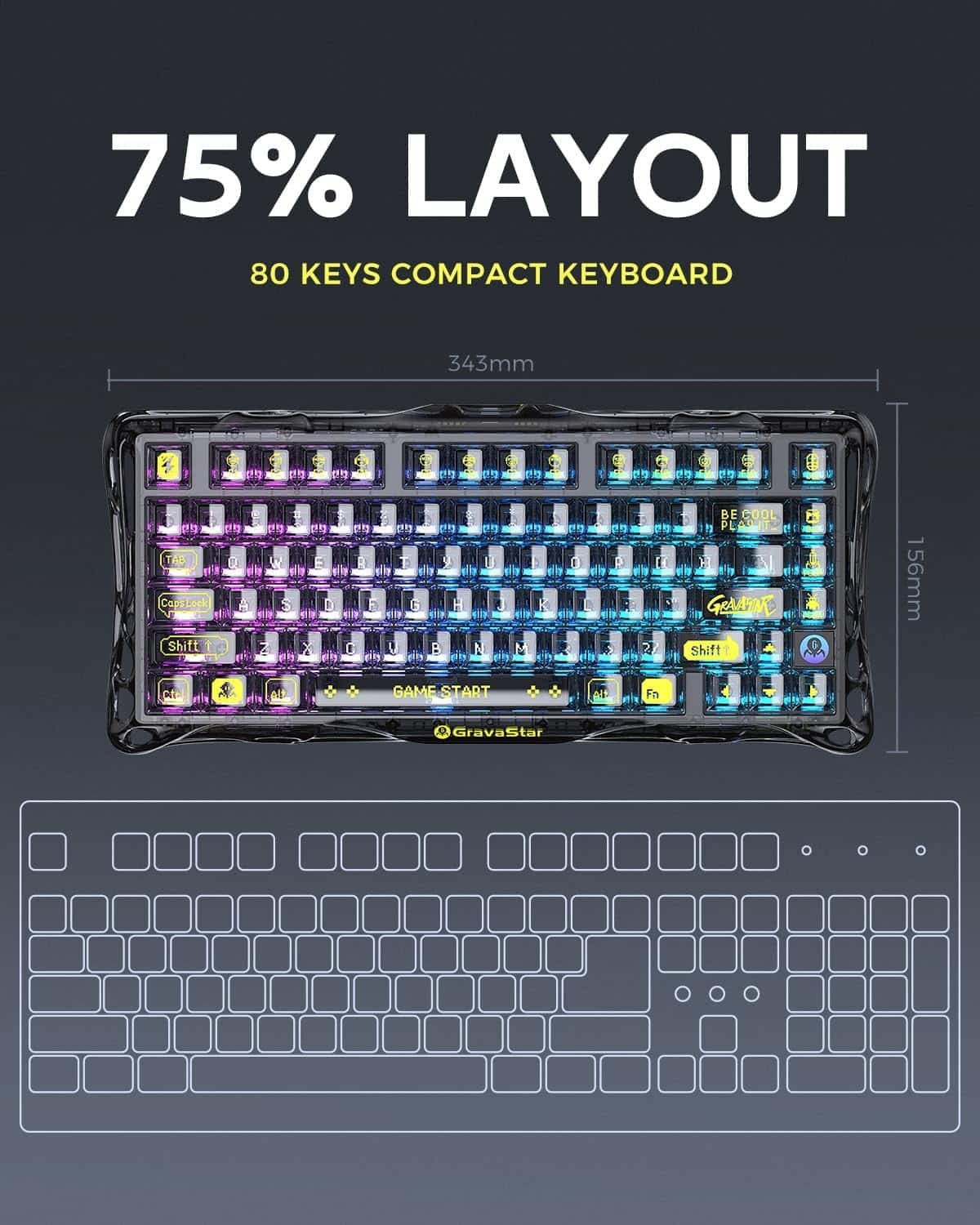 Gravastar GravaStar Mercury K1 Lite Mechanical Gaming Keyboard, 75% Gasket Hot Swappable Custom Keyboard, Pre-lubed Linear Switches Mechanical Keyboard, RGB Backlit Wireless Keyboard - Transparent Black | GS K1 LITE_XTAL_BLK - thumbnail 5