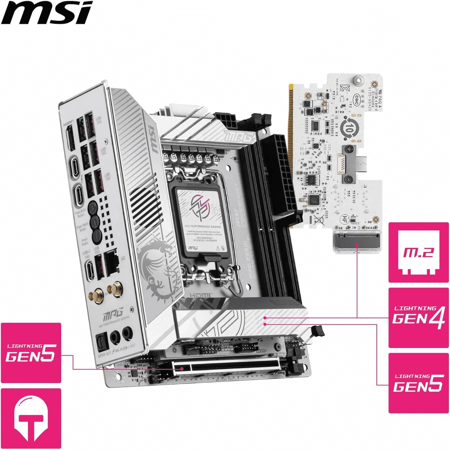 MSI MSI MPG Z890I Edge Ti WiFi LGA 1851 Mini ITX Motherboard, Intel Z890 Chipset, 2x DDR5 UDIMM Slots, Up to 128GB Max Memory, 1x PCI-E x16 Slots, 4x M.2 Slots, WiFi & BT Connectivity | 911-7E33-004 - thumbnail 2