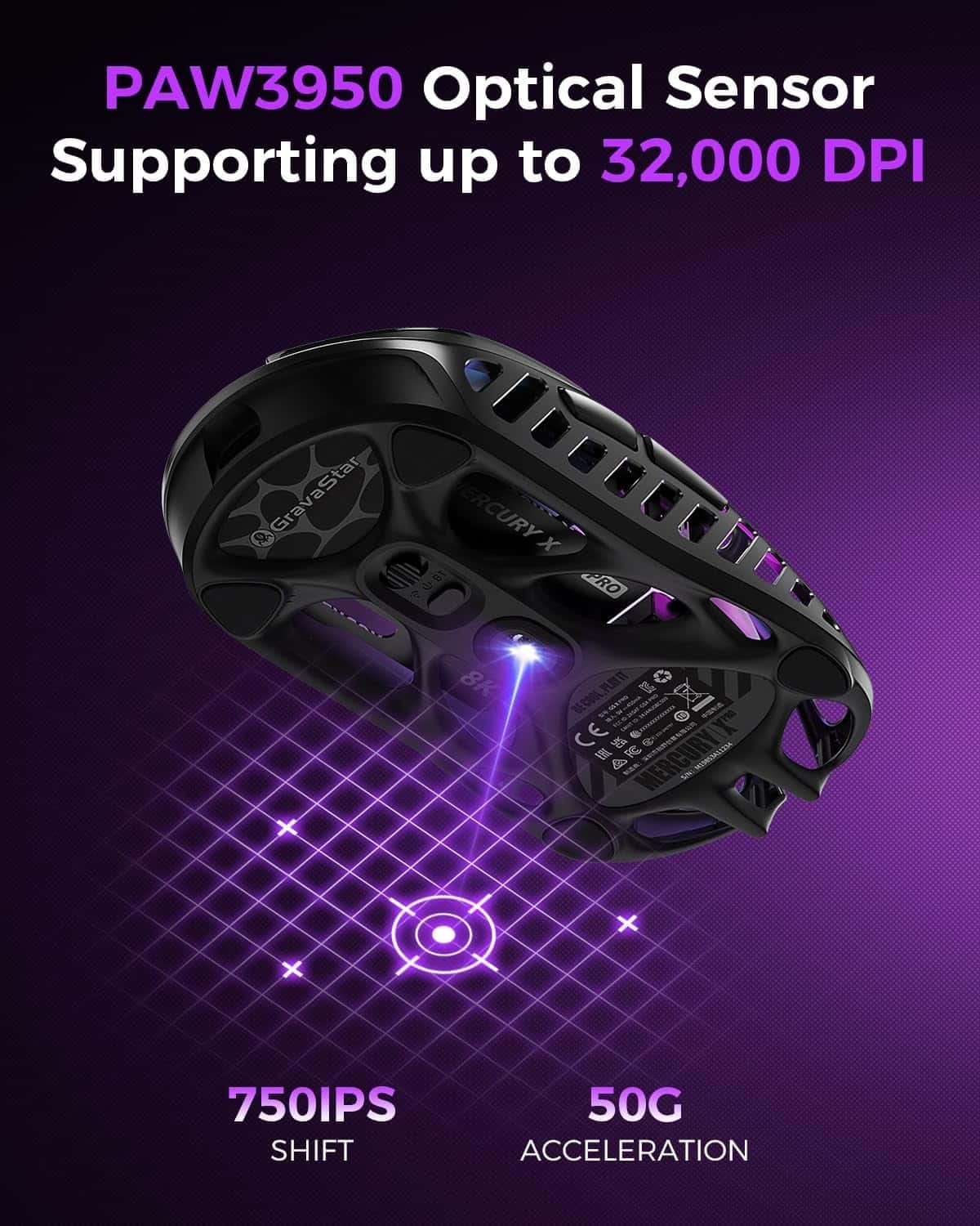 Gravastar GravaStar Mercury X Pro Wireless Gaming Mouse, Come with 8K Dongle – 32,000 DPI PAW 3950 Sensor, 8,000Hz Polling Rate, Only 49g, Magnesium Alloy Hollow Frame, RGB Lighting, 5 Programmable Buttons, Black - thumbnail 9