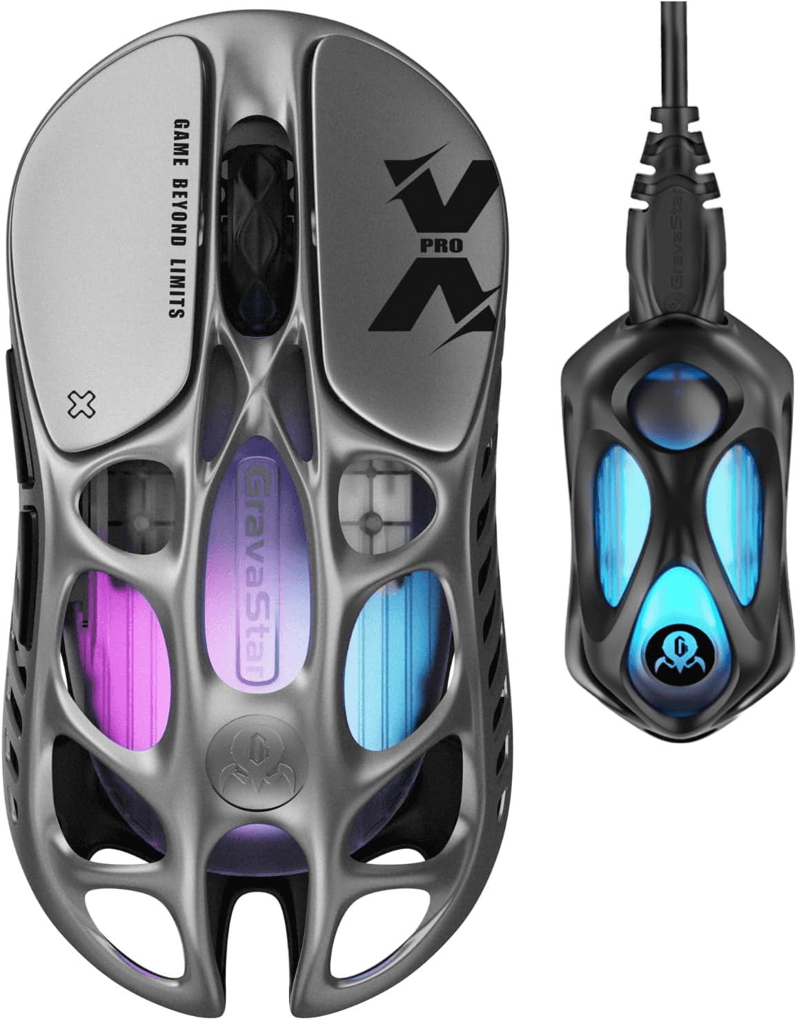 Gravastar Gravastar Mercury X Pro Special Edition Neon Graffiti Magnesium Alloy Wireless Gaming Mouse, PAW 3950 (32,000 DPI), 1,000 Hz/8,000 Hz, Tri-mode (Wired/Bluetooth 5.1/2.4GHz Wireless) Connectivity - Color: SILVER