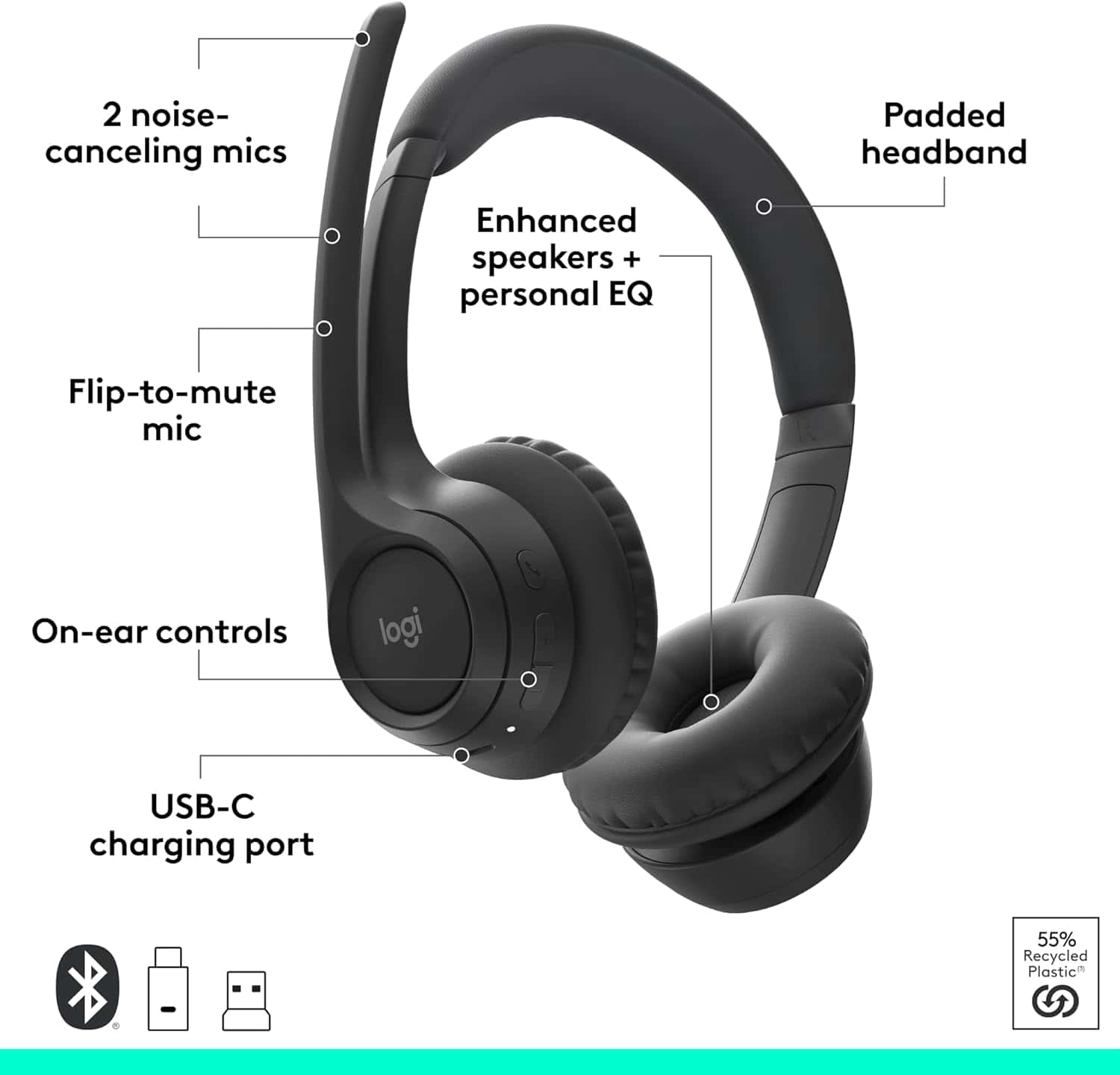 Logitech Logitech Zone 305 for Business, Wireless Bluetooth Headset with Microphone, for Google Meet, Google Voice, Zoom, Compatible with Windows, Mac, Chrome, Linux, iOS, iPadOS, Android - thumbnail 4