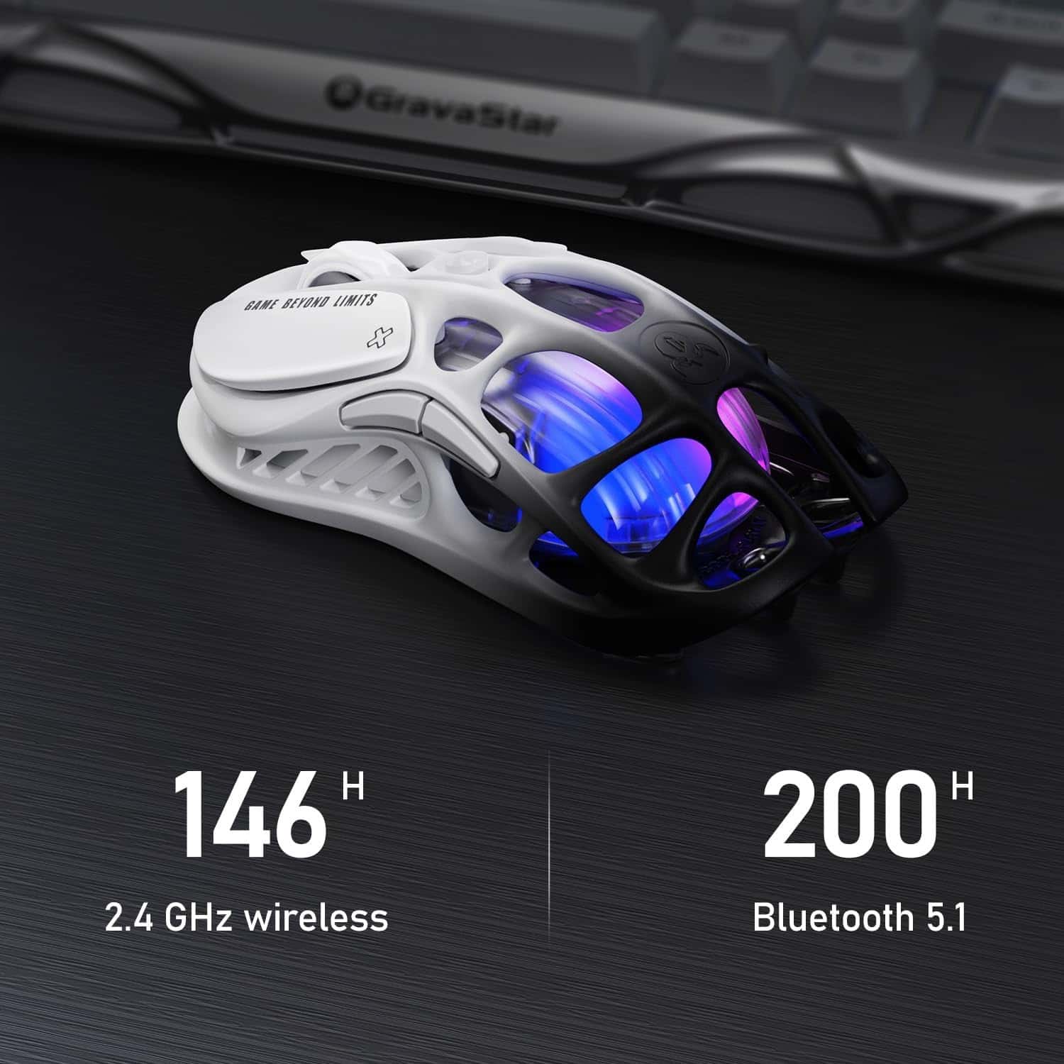 Gravastar GravaStar Mercury M1 Pro Wireless Gaming Mouse, Lightweight Magnesium Alloy, 26,000 DPI, PAW3395DM Sensor, 5 Programmable Buttons, Support Wired/2.4GHz/BT, Up to 200 Hours Battery Life-Gradient Black - thumbnail 7