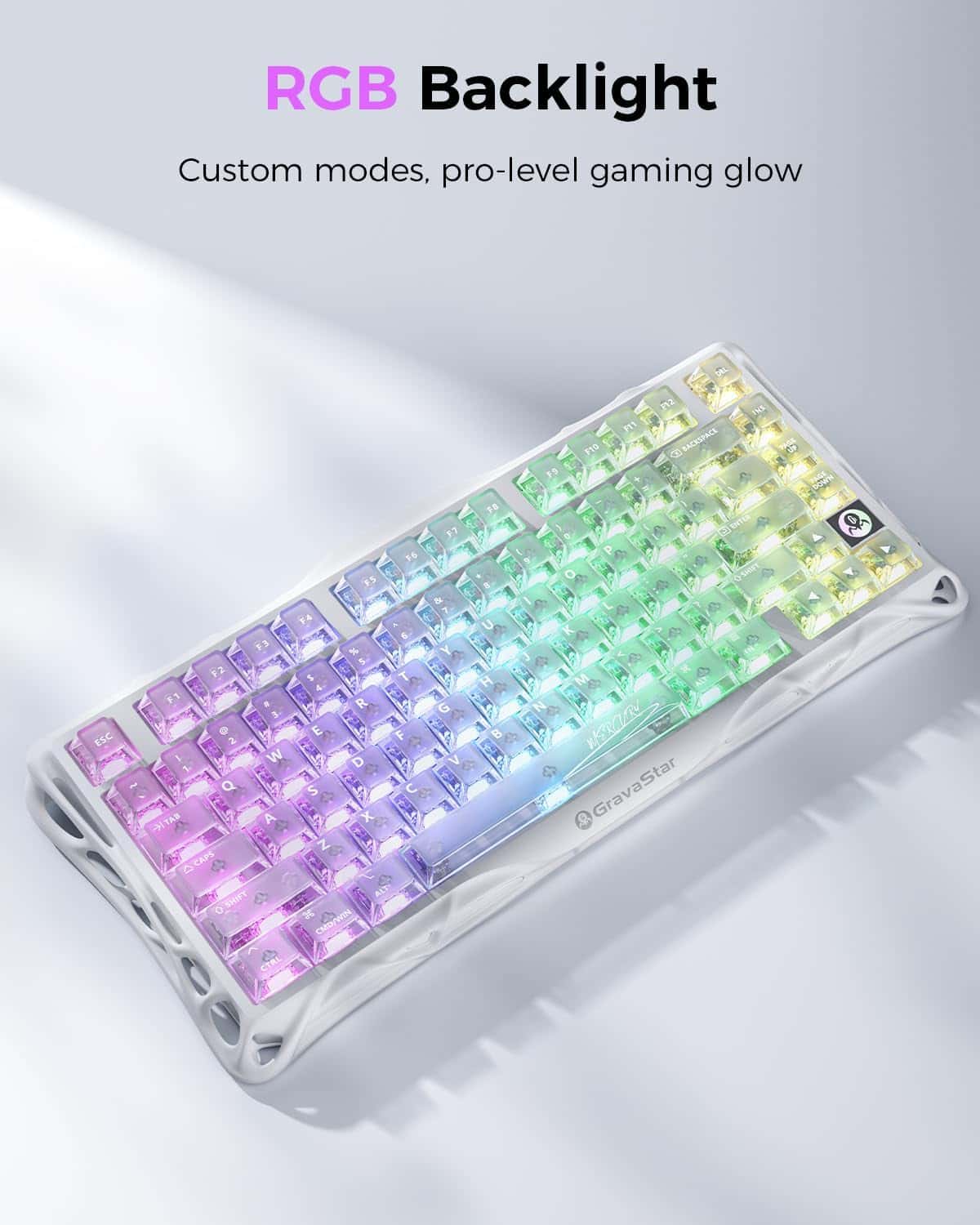GravaStar Mercury K1 Lite 75% Gaming Keyboard, 80 Keys, Hot-Swappable, RGB Lighting, Full N-Key Rollover, Programmable Keys, Tri-Mode Connectivity, 4000mAh Battery, Crystal Aurora | GS K1 LITE_XTAL_AUROA thumbnail 2