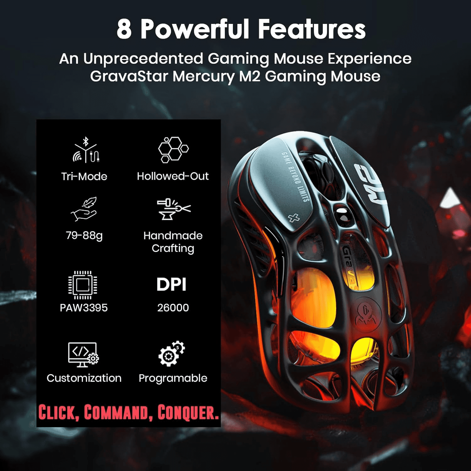 GravaStar Mercury M2 Wireless Gaming Mouse Stealth Black, 26,000 DPI, PAW3395DM Sensor, 79g Lightweight, RGB, 5 Programmable Buttons thumbnail 7