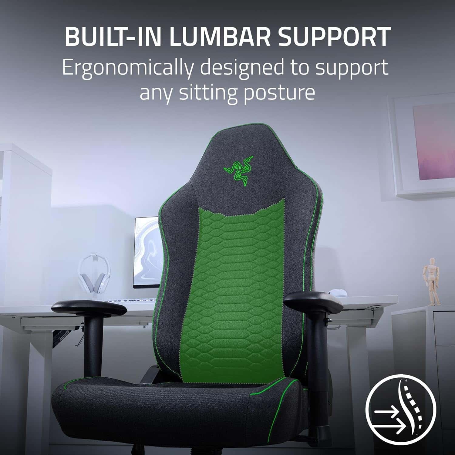 Razer Iskur V2 X Ergonomic Gaming Chair: Built-in Lumbar Support, Widened Seat Base, High Density Foam Cushions, Adjustable 152 Degree Recline, 2D Armrests, Plush Fabric Finish - Black thumbnail 8