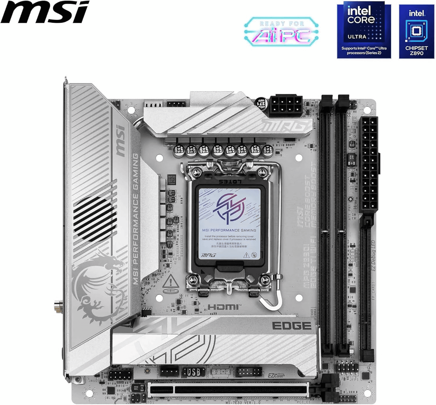 MSI MPG Z890I Edge Ti WiFi LGA 1851 Mini ITX Motherboard, Intel Z890 Chipset, 2x DDR5 UDIMM Slots, Up to 128GB Max Memory, 1x PCI-E x16 Slots, 4x M.2 Slots, WiFi & BT Connectivity | 911-7E33-004 thumbnail 2