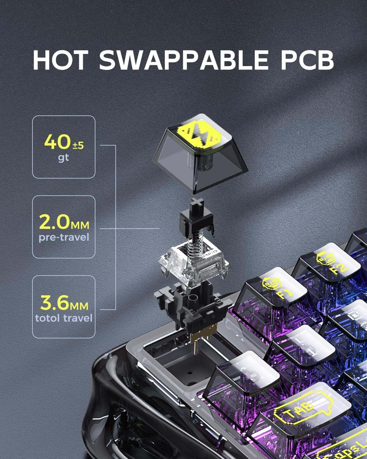 Gravastar GravaStar Mercury K1 Lite Mechanical Gaming Keyboard, 75% Gasket Hot Swappable Custom Keyboard, Pre-lubed Linear Switches Mechanical Keyboard, RGB Backlit Wireless Keyboard - Transparent Black | GS K1 LITE_XTAL_BLK - thumbnail 10
