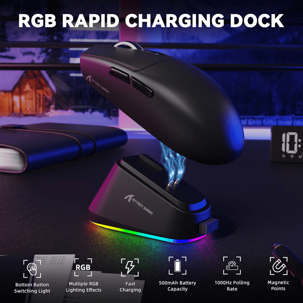ATTACK SHARK ATTACK SHARK G3 Pro Wireless Gaming Mouse with Magnetic Charging Dock, 59g Ultra-Lightweight, PAW3311 25K DPI Sensor, Omron 100M Switches, & Tri-Mode, Black | G3 Pro - thumbnail 4