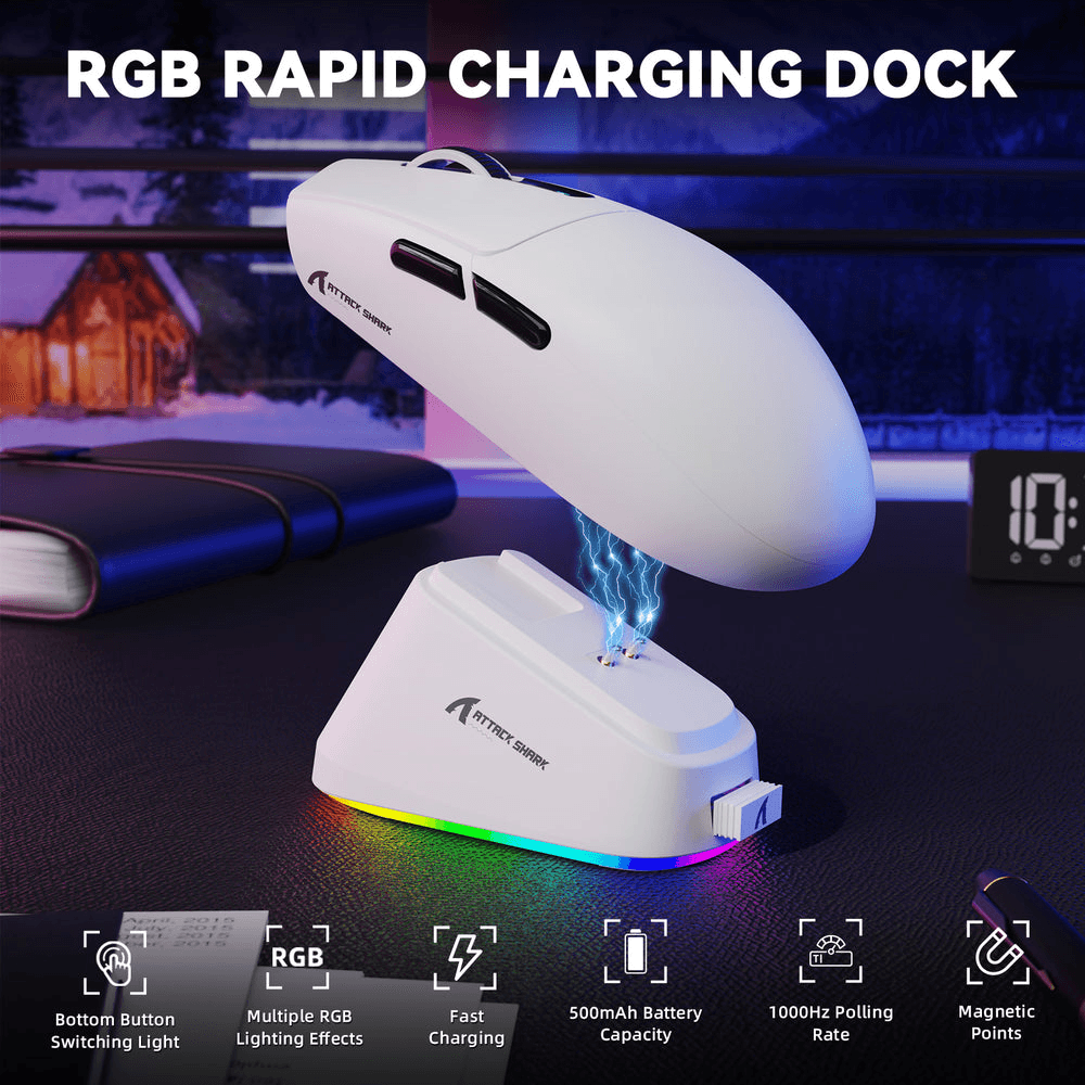 ATTACK SHARK ATTACK SHARK G3 Pro Wireless Gaming Mouse with Magnetic Charging Dock, 59g Ultra-Lightweight, PAW3311 25K DPI Sensor, Omron 100M Switches, & Tri-Mode, White | G3 Pro - thumbnail 4