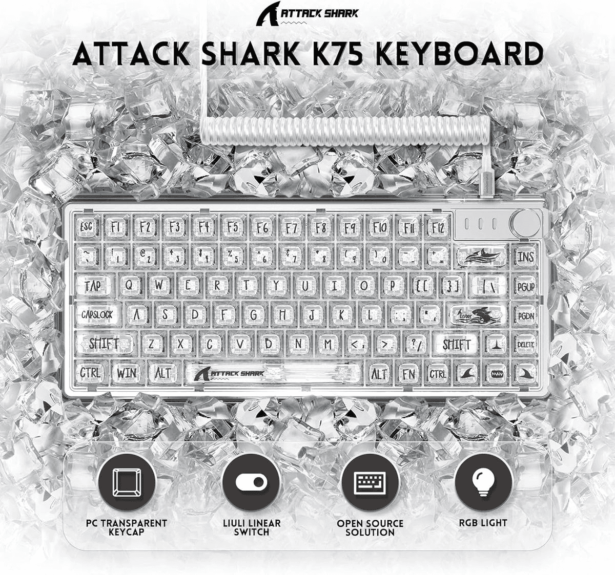 ATTACK SHARK ATTACK SHARK K75 Transparent Mechanical Keyboard, Wired, TKL Gasket Mount, QMK/VIA Support, & Custom Coiled Cable, White | K75 - thumbnail 2