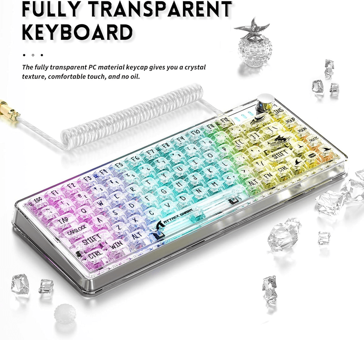 ATTACK SHARK ATTACK SHARK K75 Transparent Mechanical Keyboard, Wired, TKL Gasket Mount, QMK/VIA Support, & Custom Coiled Cable, White | K75 - thumbnail 7