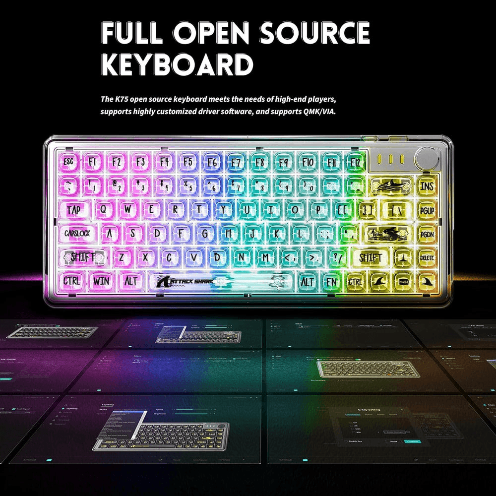 ATTACK SHARK ATTACK SHARK K75 Transparent Mechanical Keyboard, Wired, TKL Gasket Mount, QMK/VIA Support, & Custom Coiled Cable, White | K75 - thumbnail 6