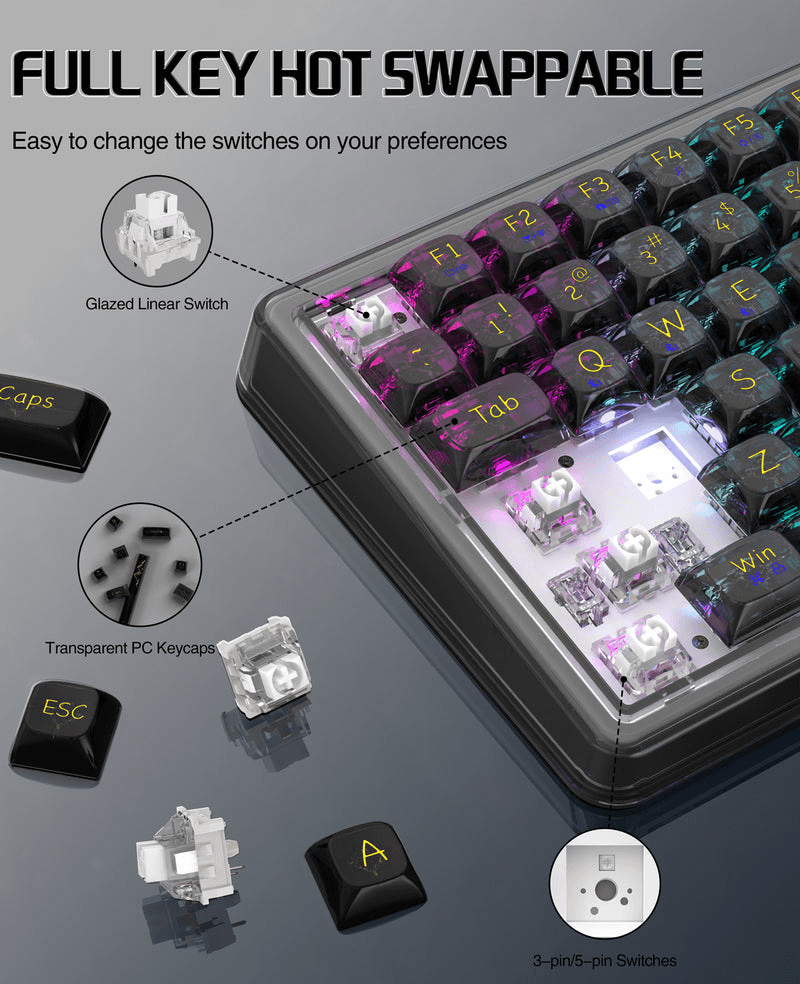 ATTACK SHARK ATTACK SHARK K75 Pro Transparent Mechanical Keyboard ,75% TKL Gasket Mount, Tri-Mode Wireless, & Hot-Swappable Glazed Switches, Black Transparent | K75 Pro - thumbnail 4