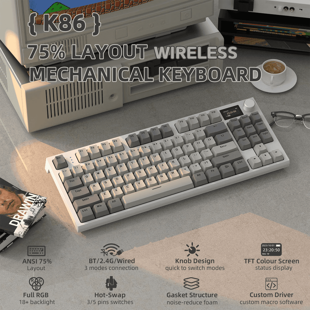 ATTACK SHARK K86 Wireless Mechanical Keyboard, 75% Gasket Mount, TFT Color Display & Knob, Blue Whale Linear Switches, Retro Grey | K86 thumbnail 2