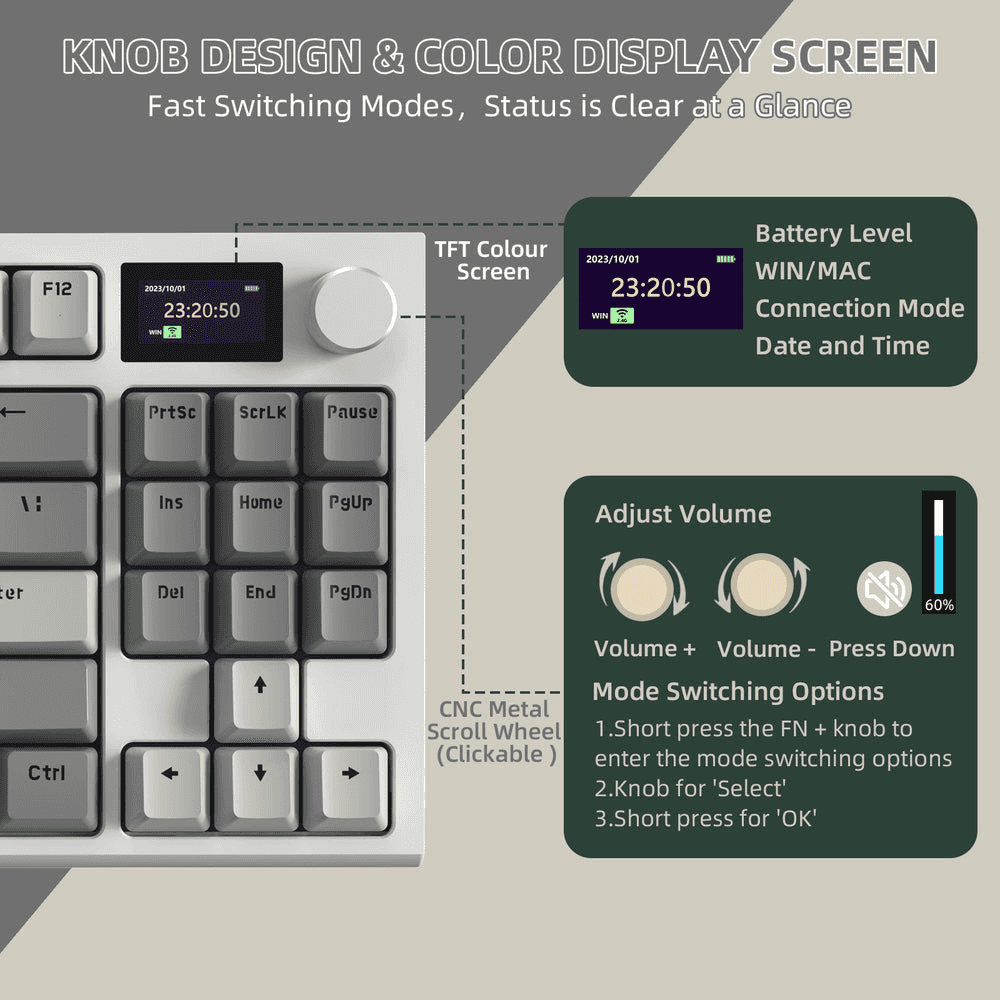 ATTACK SHARK ATTACK SHARK K86 Wireless Mechanical Keyboard, 75% Gasket Mount, TFT Color Display & Knob, Blue Whale Linear Switches, Retro Grey | K86 - thumbnail 3