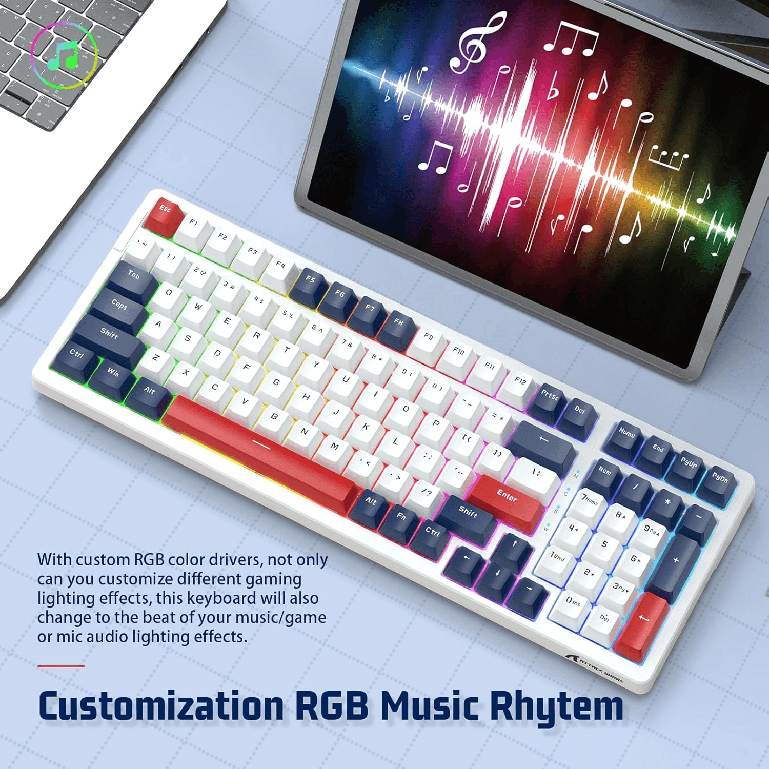 ATTACK SHARK ATTACK SHARK K98 Wireless Mechanical Gaming Keyboard, 100-Key Hot-Swap, Tri-Mode Connectivity, Red Switches, & White Cloud Wrist Rest, Blue-White Edition | K98 - thumbnail 4