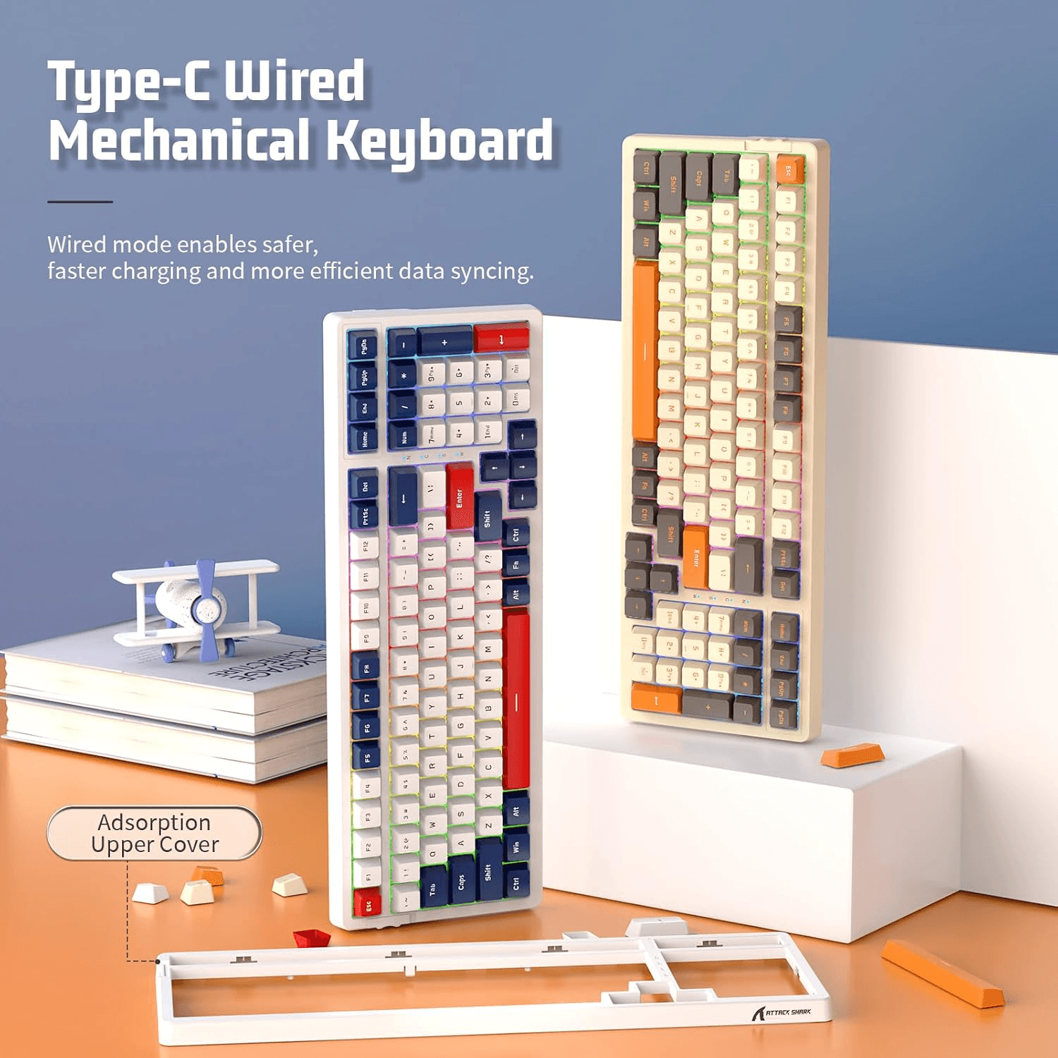 ATTACK SHARK ATTACK SHARK K98 Wireless Mechanical Gaming Keyboard, 100-Key Hot-Swap, Tri-Mode Connectivity, Red Switches, & White Cloud Wrist Rest, Blue-White Edition | K98 - thumbnail 2