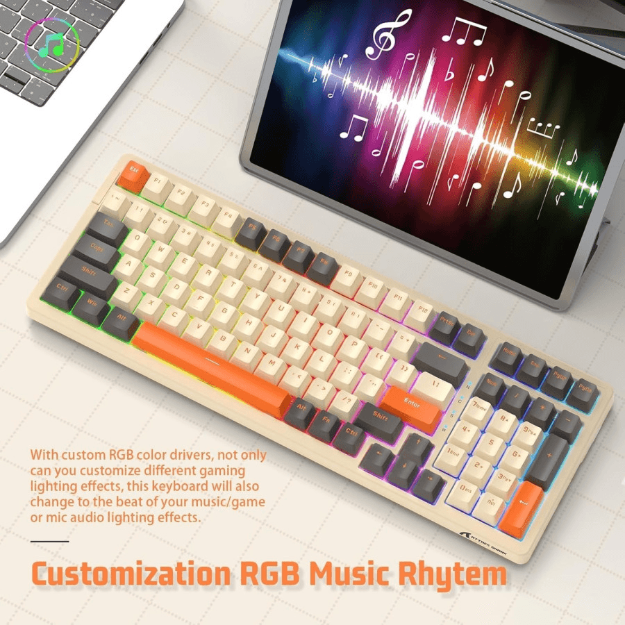 ATTACK SHARK ATTACK SHARK K98 Wireless Mechanical Gaming Keyboard, 100-Key Hot-Swap, Tri-Mode Connectivity, Coiled USB-C Cable, Diamante-Yellow-Gray Edition | K98 - thumbnail 7
