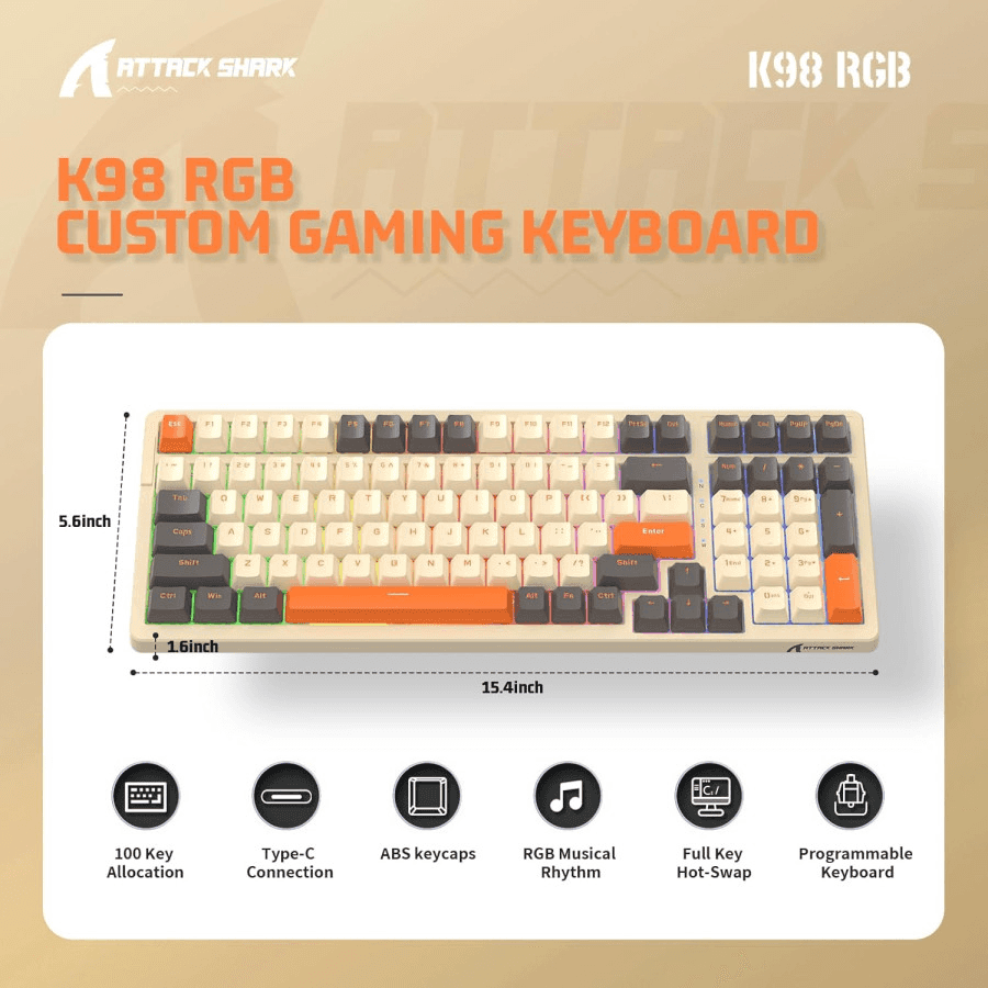 ATTACK SHARK ATTACK SHARK K98 Wireless Mechanical Gaming Keyboard, 100-Key Hot-Swap, Tri-Mode Connectivity, Coiled USB-C Cable, Diamante-Yellow-Gray Edition | K98 - thumbnail 3