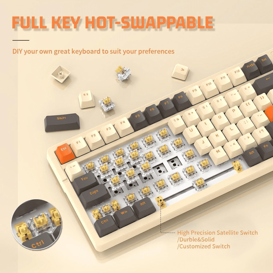 ATTACK SHARK ATTACK SHARK K98 Wireless Mechanical Gaming Keyboard, 100-Key Hot-Swap, Tri-Mode Connectivity, Coiled USB-C Cable, Diamante-Yellow-Gray Edition | K98 - thumbnail 5
