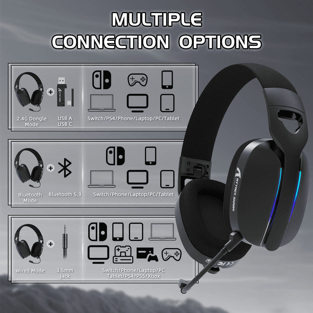 ATTACK SHARK ATTACK SHARK L90 Foldable Wireless Gaming Headset, Dynamic 7.1 Surround Sound, RGB Lighting, 800mAh Battery, & Tri-Mode Connectivity, Black | L90 Foldable - thumbnail 7