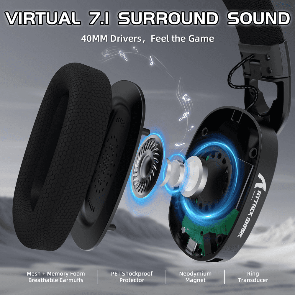 ATTACK SHARK ATTACK SHARK L90 Foldable Wireless Gaming Headset, Dynamic 7.1 Surround Sound, RGB Lighting, 800mAh Battery, & Tri-Mode Connectivity, Black | L90 Foldable - thumbnail 3
