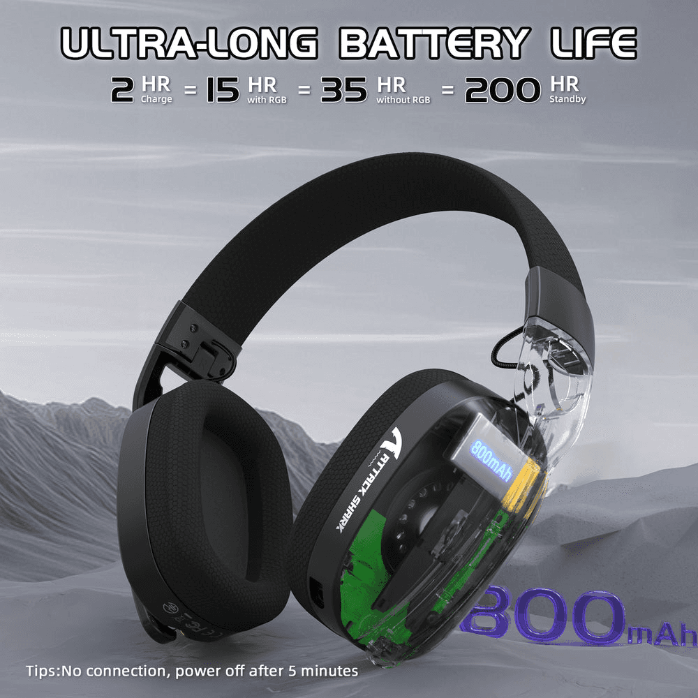 ATTACK SHARK ATTACK SHARK L90 Foldable Wireless Gaming Headset, Dynamic 7.1 Surround Sound, RGB Lighting, 800mAh Battery, & Tri-Mode Connectivity, Black | L90 Foldable - thumbnail 4