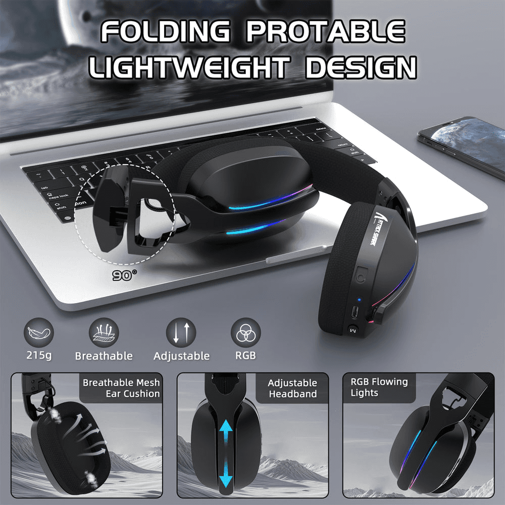 ATTACK SHARK ATTACK SHARK L90 Foldable Wireless Gaming Headset, Dynamic 7.1 Surround Sound, RGB Lighting, 800mAh Battery, & Tri-Mode Connectivity, Black | L90 Foldable - thumbnail 5